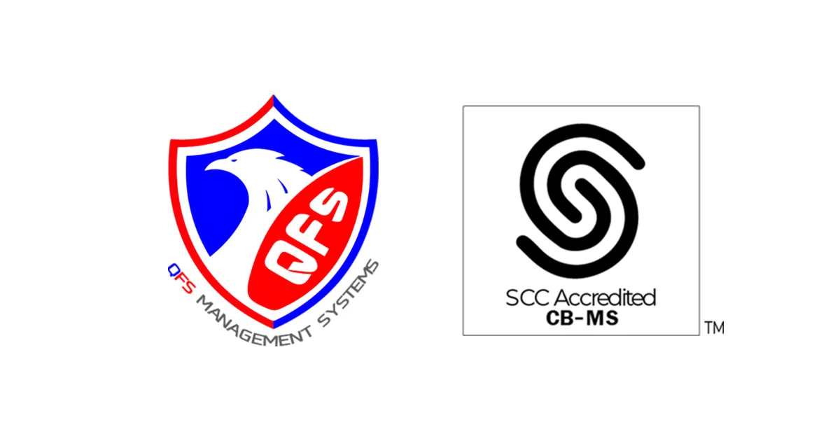 ISO/IEC 27001 認証機関 QFS MANAGEMENT SYSTEMS のマークと SCC 認定マーク